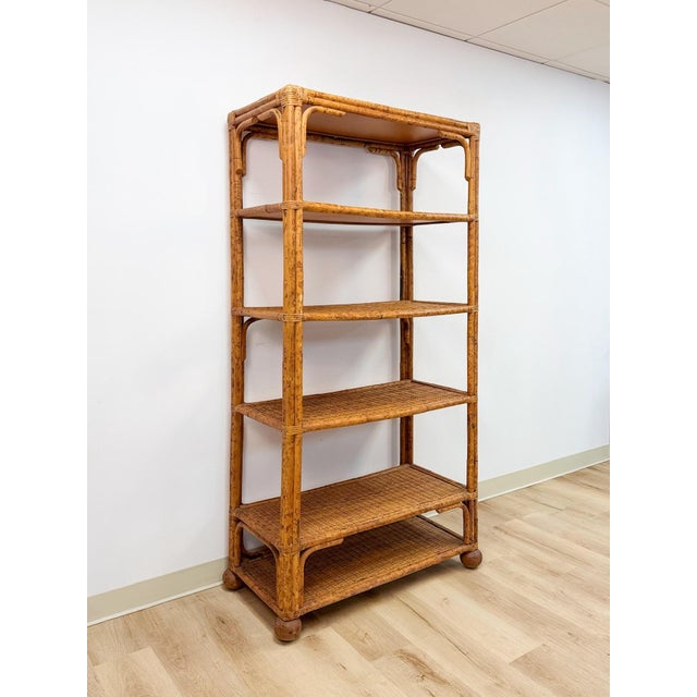 Wood Vintage Coastal Hollywood Regency Tortoise Bamboo Shelf, Wicker Shelving For Sale - Image 7 of 14