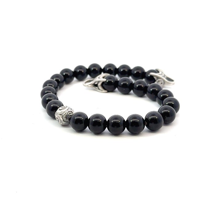Silver 1990s David Yurman Estate Matte Onyx Carved Prayer Beads Bracelet 8.5" Silver For Sale - Image 8 of 12