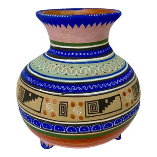 Mexican Handmade Pottery Multicolor Three-Legged Vase For Sale