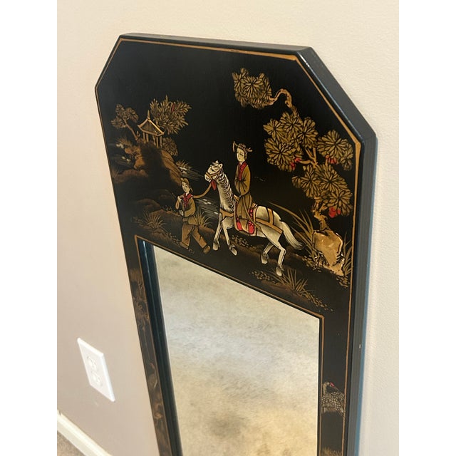 Chinoiserie Mid-20th Century Chinoiserie Black Lacquer Hand-Painted Wall Mirror For Sale - Image 3 of 8