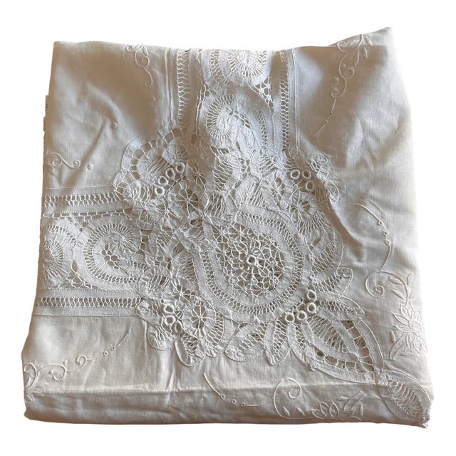 Large Hand-Embroidered Linen Tablecloth, 1900s For Sale