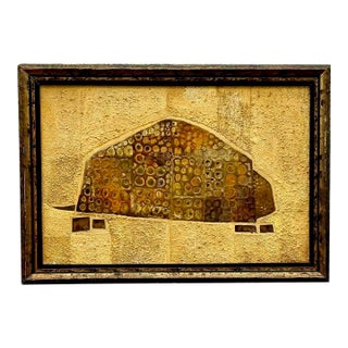 Vintage Boho Textured Armadillo Mixed Media Painting in Frame For Sale