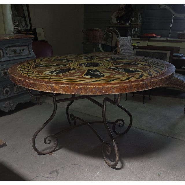 Large Round Wrought Iron Table with Scagliola-Style Painted Wooden Top, 1920s For Sale - Image 4 of 7