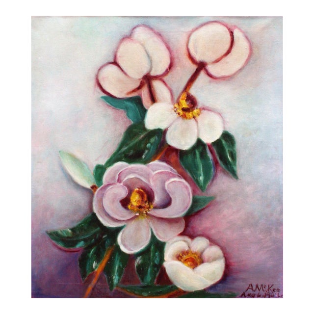 1960s Mid-Century Saucer Magnolias Floral Still Life Painting by Ann McKee For Sale
