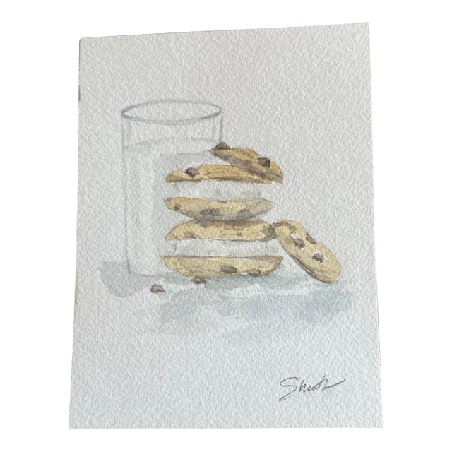 Original Watercolor Still Life Painting “Cookies and Milk” For Sale