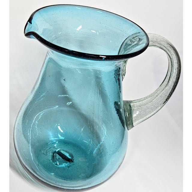 Rustic Mediterranean Blue Blown Glass Pitcher For Sale - Image 3 of 11