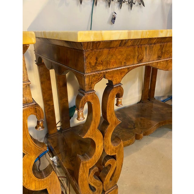 Wood Pair of 19th Century Continental Inlaid Walnut Consoles With Yellow Onyx Tops For Sale - Image 7 of 15