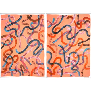 2021 "Pastel Salmon Swirls" Abstract Diptych Acrylic Painting on Watercolor Paper by Natalia Roman - a Pair For Sale