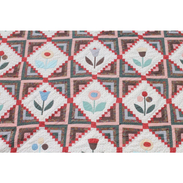 MidCentury Handmade Floral Log Cabin Applique Quilt Chairish