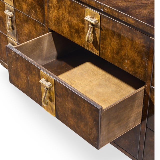 Mid 20th Century Bernhard Rohne for Mastercraft Mid Century Burlwood and Brass Lowboy Dresser For Sale - Image 5 of 6