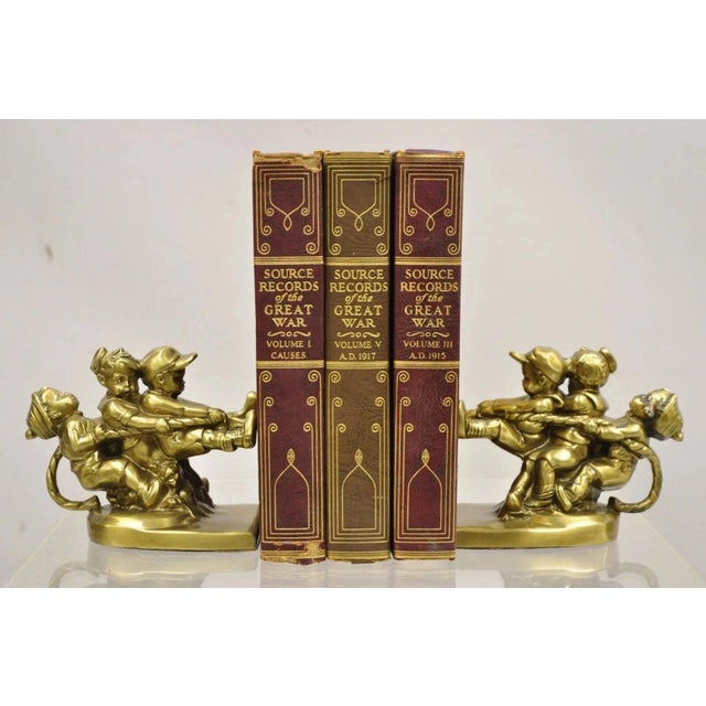 Vintage Pm Craftsman "Tug of War" Brass Children Playing Figural Bookends - Pair For Sale - Image 12 of 12