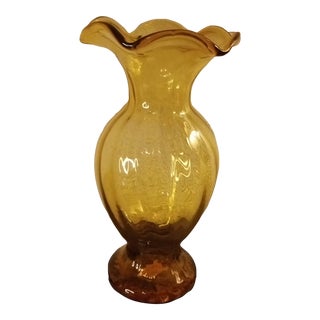 1990s Crate & Barrel Optic Ruffled Edge Amber Fluted Vase For Sale