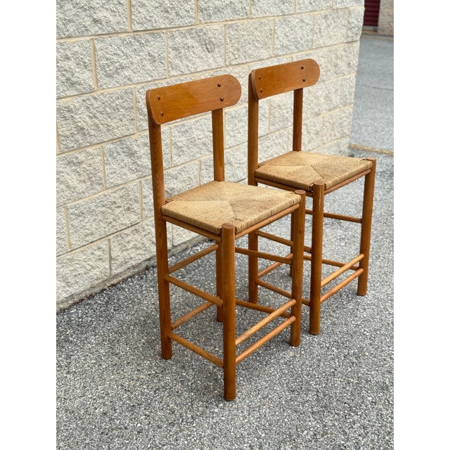 Late 20th Century Late 20th Century Pair of Rush Seat Wood Bar Stools For Sale - Image 5 of 12