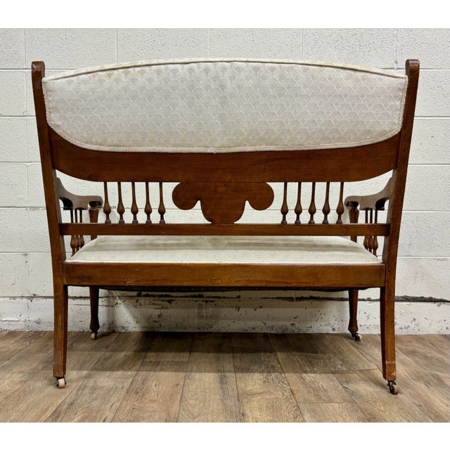 Antique Carved Spindle Back Carved Upholstered Settee For Sale - Image 10 of 10