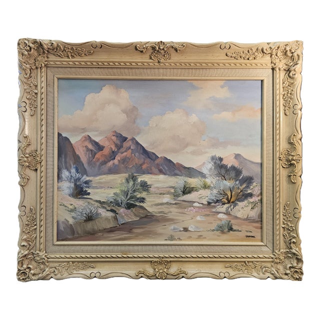 Framed Southwestern Desert Landscape Oil Painting — Vintage Warm Desert Scene For Sale