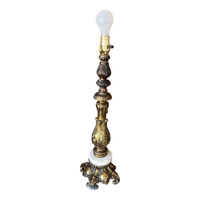 Vintage Ornate Brass & Marble Table Lamp With Leaf Motif Base For Sale