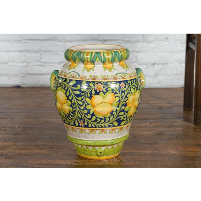 Mid 20th Century Hand-Painted Yellow & Green Lemon & Scrolling Foliage Jar For Sale In New York - Image 6 of 13