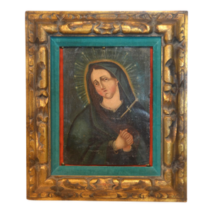 Antique Mexican Colonial Retablo Oil on Tin Our Lady of Sorrow