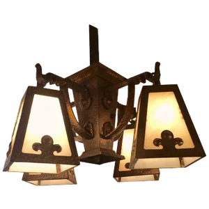 1920s Arts & Crafts Hammered Brass and Art Glass Chandelier