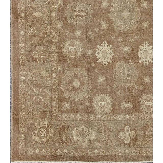 Transitional Large Vintage Turkish Rug in Light Brown Field, Taupe, Ivory and Earth Tones For Sale - Image 3 of 7