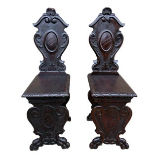 Antique 19th Century Italian Renaissance Hand Carved Walnut Hall Chairs, Pair For Sale