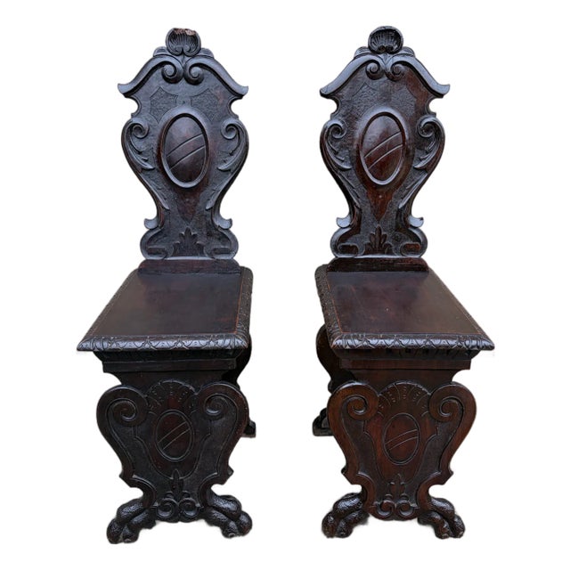 Antique 19th Century Italian Renaissance Hand Carved Walnut Hall Chairs, Pair For Sale