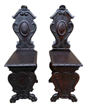 Antique 19th Century Italian Renaissance Hand Carved Walnut Hall Chairs, Pair