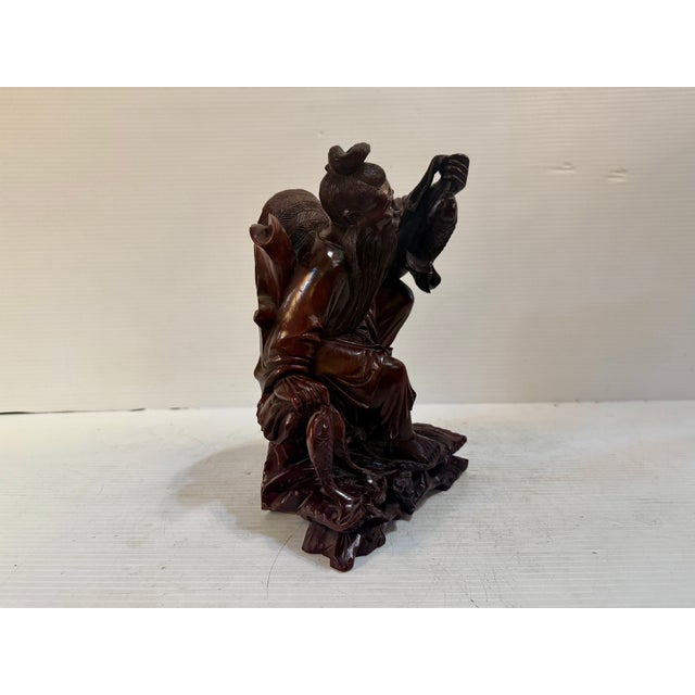 Oxblood Red Antique Chinese Wood Carved Fisherman Statue For Sale - Image 8 of 10