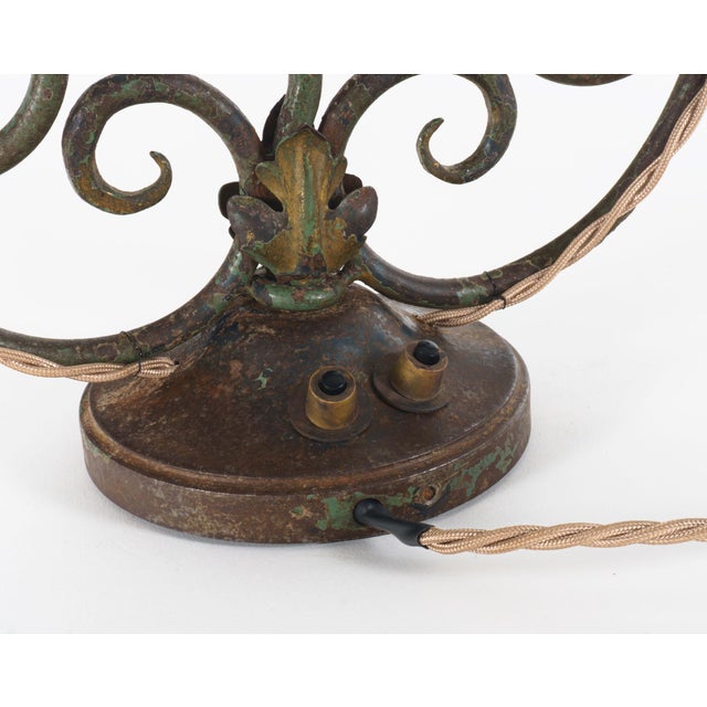 Antique French Polychrome Wrought Iron 2-Arm Table Lamp, 1920s For Sale - Image 6 of 7
