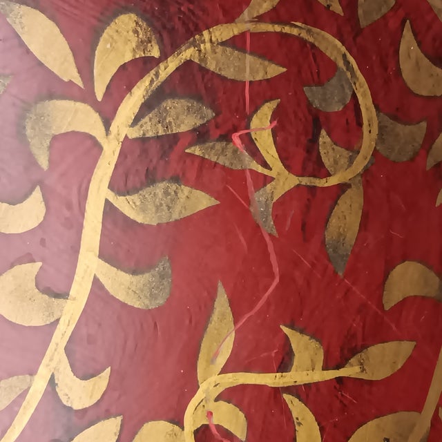 Large Metal Serving Tray Cranberry Red and Gold Leaf Vine Design Ornate Handles For Sale - Image 15 of 18