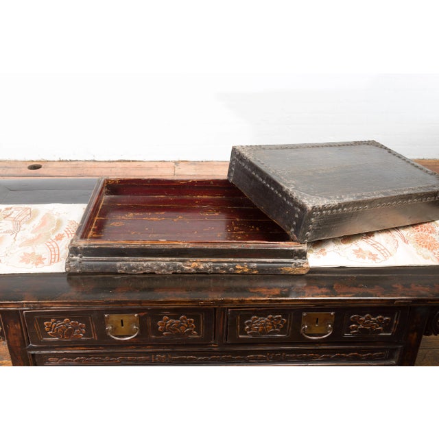 Indian 19th Century Black Box with Iron Nailheads, Braces and Rustic Patina For Sale In New York - Image 6 of 13