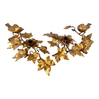 Italian Tole Gilt Bird and Ivy Candleholders- a Pair For Sale
