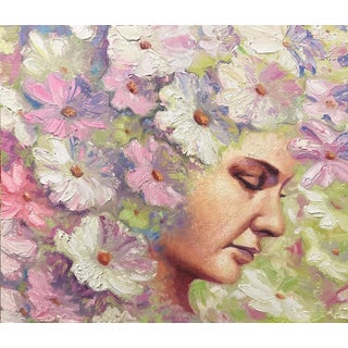 Amongst the Petals by Dominic Harman | Oil On Board Portrait of a woman surrounded by flowers For Sale