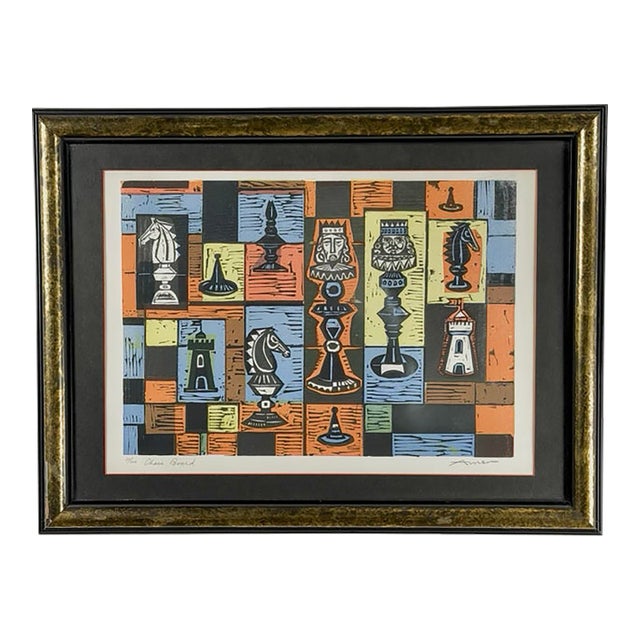 Irving Amen “Chess Board” Mid-Century Modern Signed Color Woodcut For Sale