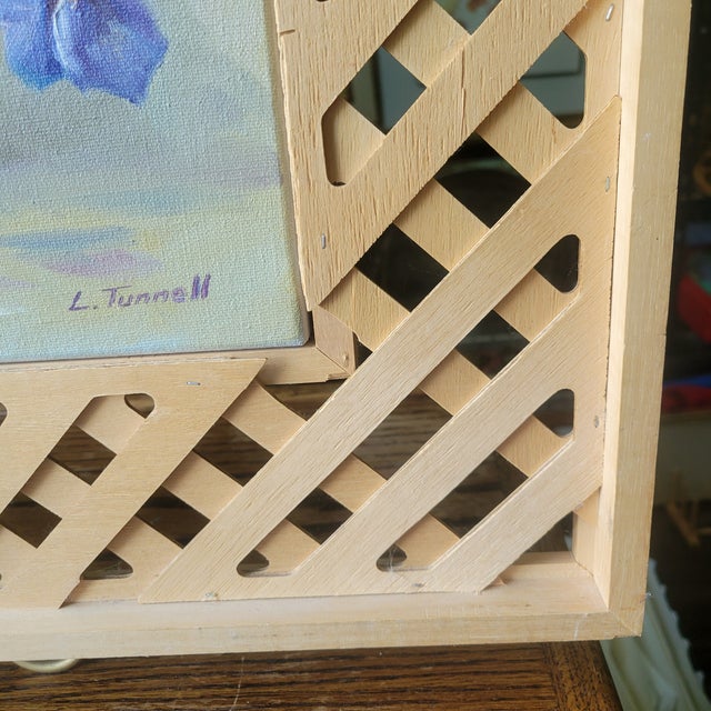 Vintage Raw Wood Lattice Framed Floral Oil Painting by L. Tunnell Ooak Cottage For Sale - Image 9 of 18