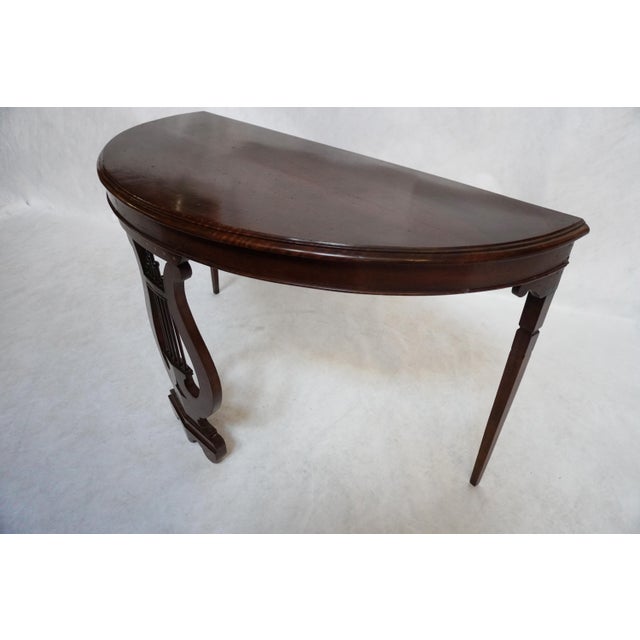 Mid 20th Century Pair of Demilune Consoles With Harp / Lyre Detail For Sale In Los Angeles - Image 6 of 18