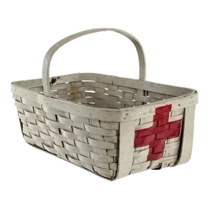 Antique 1910s WWI Era Painted Gray Splint Carrying Basket With Red First Aid Red Cross