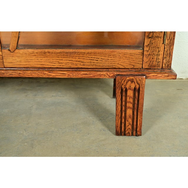 Brown Antique English Art Deco Carved Oak Bookcase or Display Cabinet, Circa 1920s For Sale - Image 8 of 12
