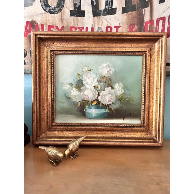 Turquoise Vintage Signed Floral Still Life Painting in Gilt Frame For Sale - Image 8 of 13