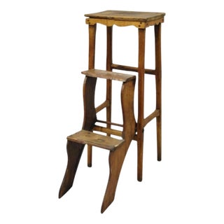 Antique French Provincial Country Oak Wood Folding Library Step Ladder For Sale