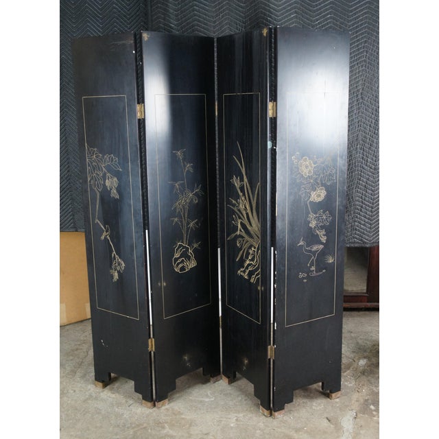 Late 20th Century Vintage Chinese Black Lacquer 4 Panel Hand Painted Folding Screen Room Divider For Sale - Image 5 of 18