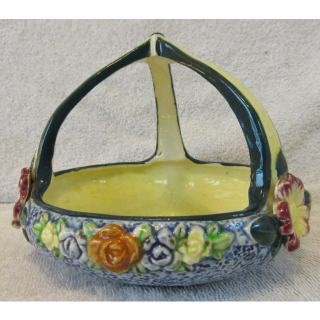1960s Vintage Japan Triple Handle Hand Made Hand Painted Pottery Floral Bowl For Sale - Image 5 of 13