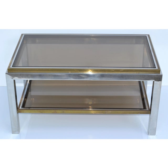 Signed Willy Rizzo Two-Tier Chrome & Brass Coffee Table Smoked Glass Italy 60s For Sale - Image 9 of 12