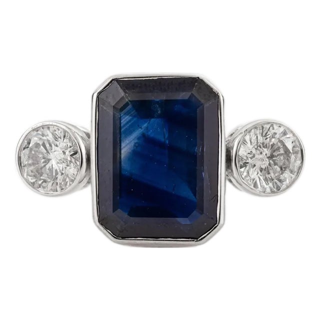 Art Deco Style Natural 3.33 Ct Blue Sapphire & Diamond 18k Gold Three-Stone Ring Size 5 For Sale