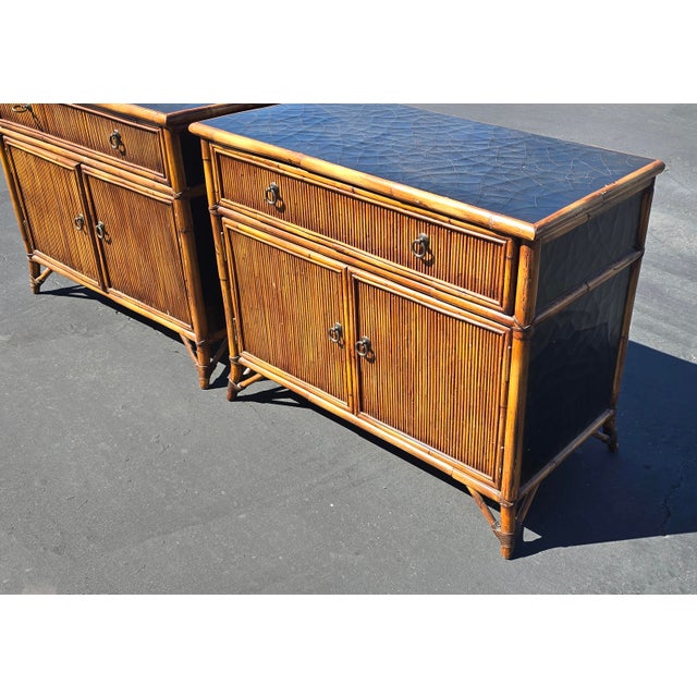 Wood Pair of Vintage Baker Furniture Bamboo Rattan Nightstands Black Lacquer Cabinets For Sale - Image 7 of 18