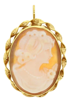 Cameo Brooch with Oval Gold Frame & Carved Shell Victorian Woman Profile