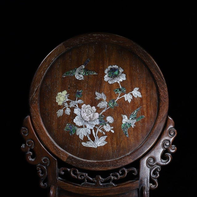 Late 20th Century Late 20th Century Wooden Table Screen With Mother-of-Pearl Bird and Floral Inlay For Sale - Image 5 of 10
