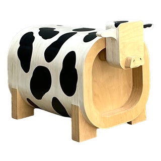 Vintage Sculptural Wood Cow Low Stool For Sale