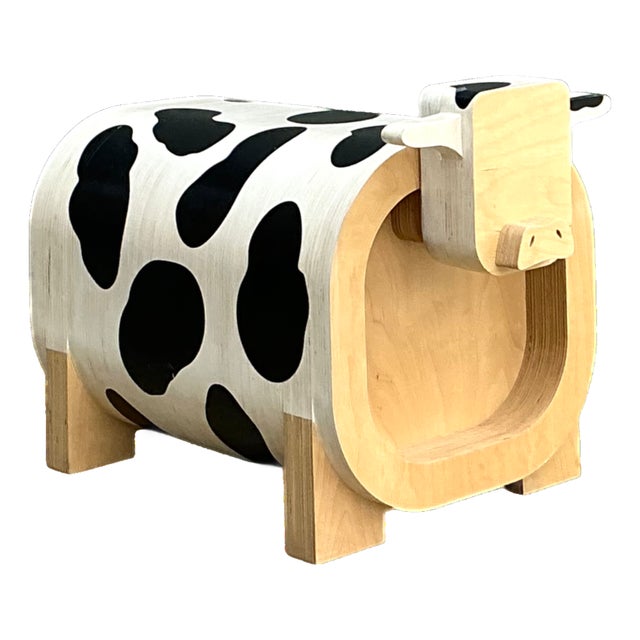 Vintage Sculptural Wood Cow Low Stool For Sale
