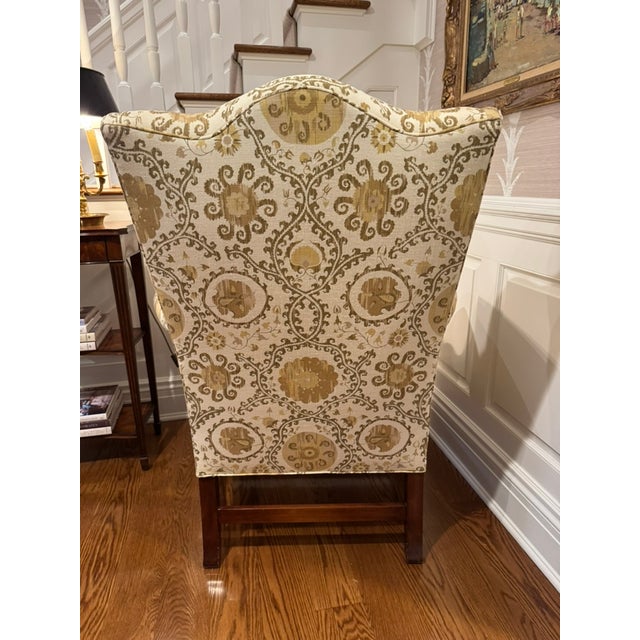 Wood Vintage Custom Upholstered Wing Back Chair With Mahogany Base For Sale - Image 7 of 17